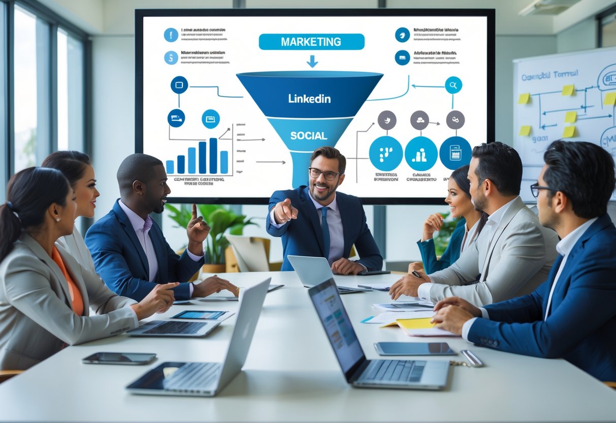A group of business professionals in a meeting room discussing marketing strategies around a table with digital devices and a large screen showing a marketing funnel diagram.