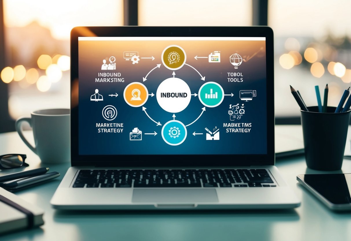 A laptop surrounded by various marketing tools and icons, with a flowchart diagram showing the inbound marketing strategy