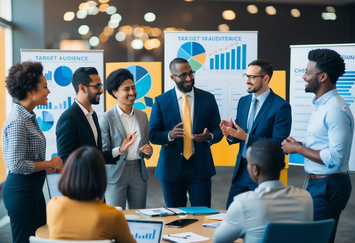 A group of diverse individuals engaged in a lively discussion, surrounded by charts and graphs, representing different target audience demographics