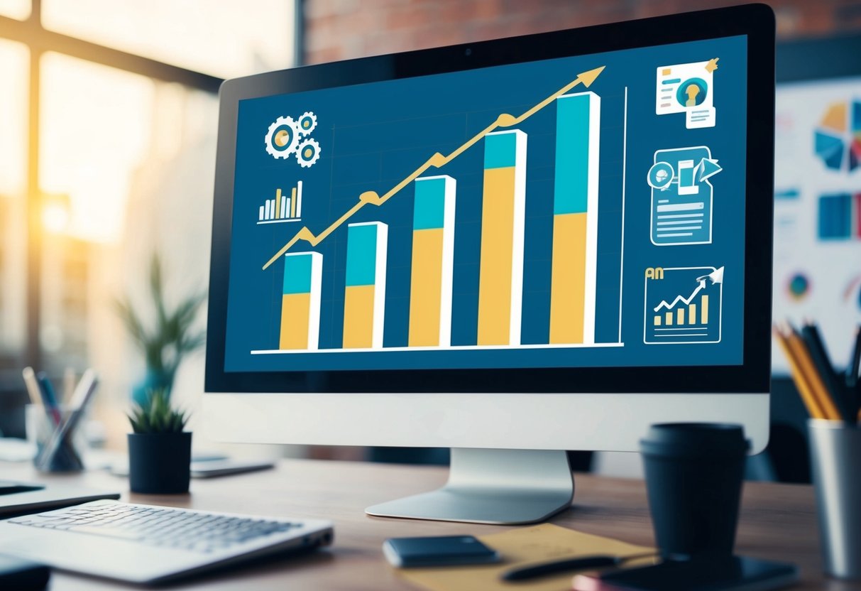 A computer screen displaying a graph with increasing bars, surrounded by various marketing tools and creative content