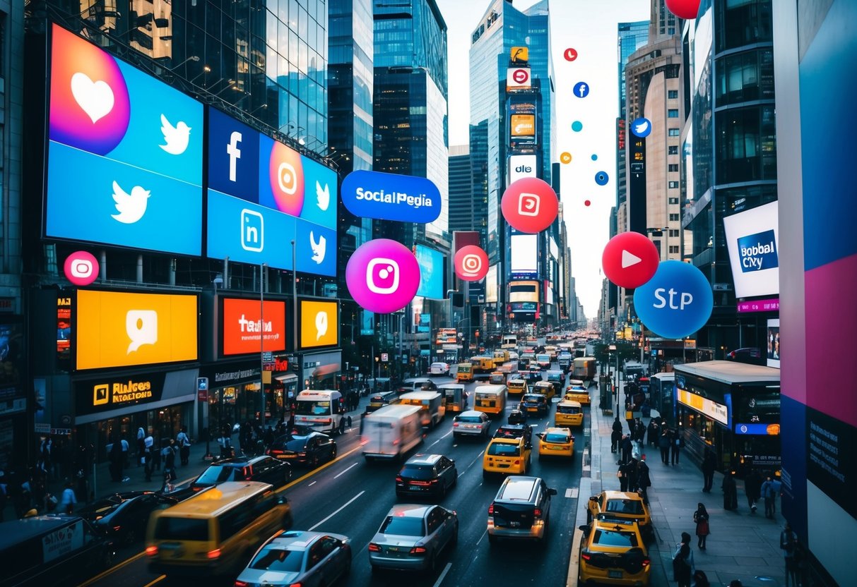 A bustling city street with colorful billboards and busy traffic, surrounded by social media icons and engagement metrics floating in the air