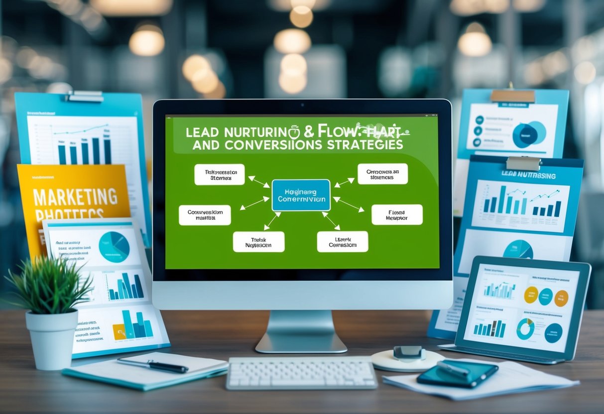 A computer screen displaying a flowchart of lead nurturing and conversion strategies, surrounded by various marketing materials and analytics reports