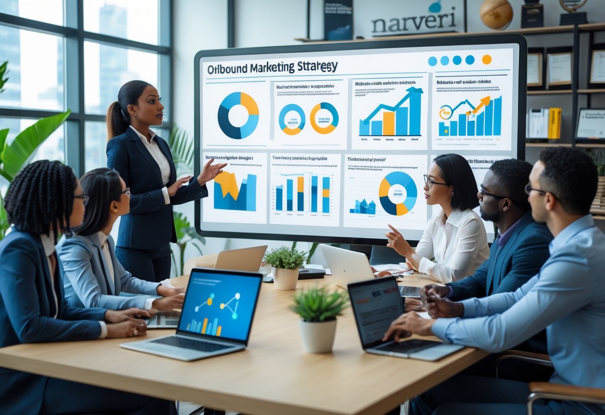 A diverse team in a modern office discussing marketing strategies around a table with a woman presenting ideas on a digital whiteboard.