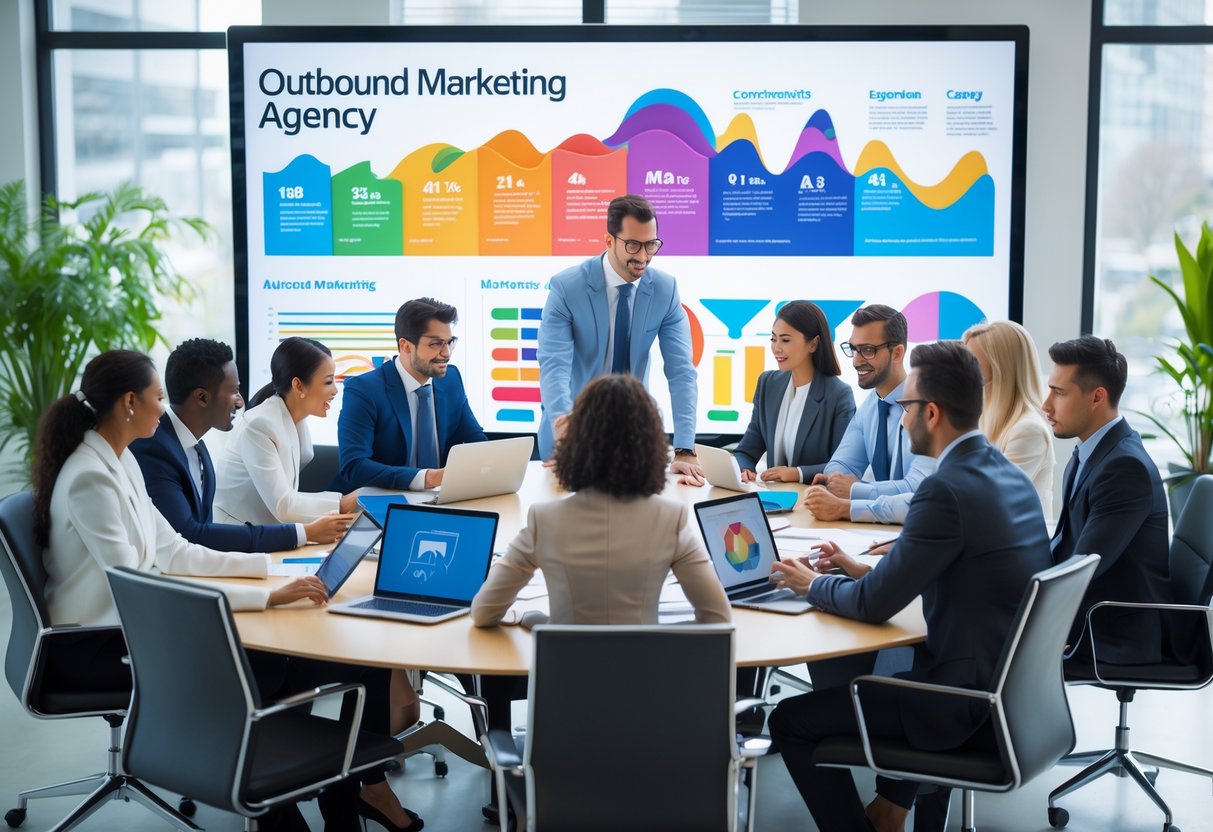 A team of professionals having a meeting in a bright office with laptops, charts, and a digital screen showing marketing visuals.