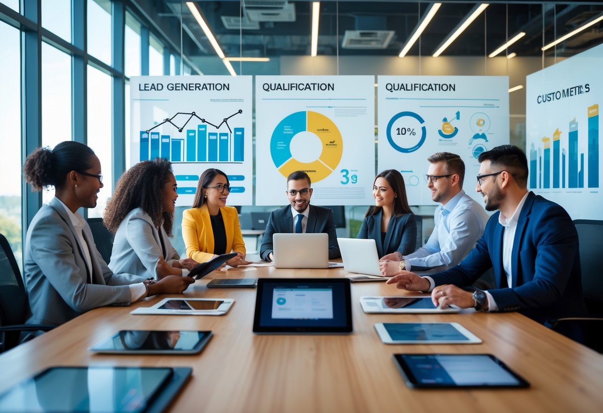 A diverse team of business professionals collaborating in a modern office, reviewing data and discussing marketing strategies around a conference table.