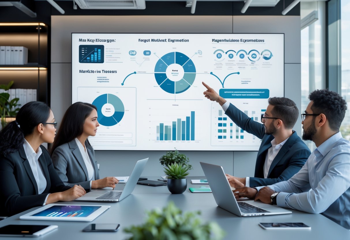 A group of marketing professionals collaborating around a conference table with laptops and charts in a modern office.