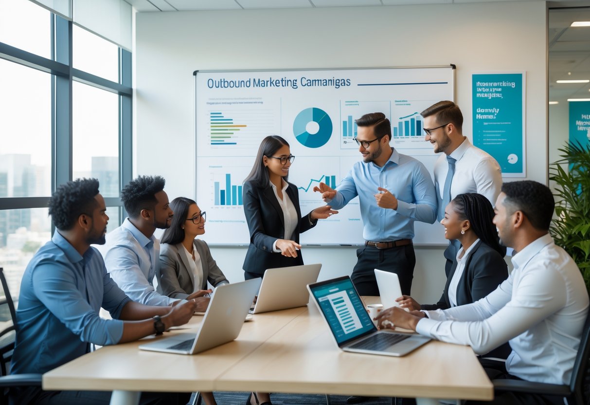 A team of marketing professionals collaborating in a conference room, discussing charts and data on a whiteboard and laptop.