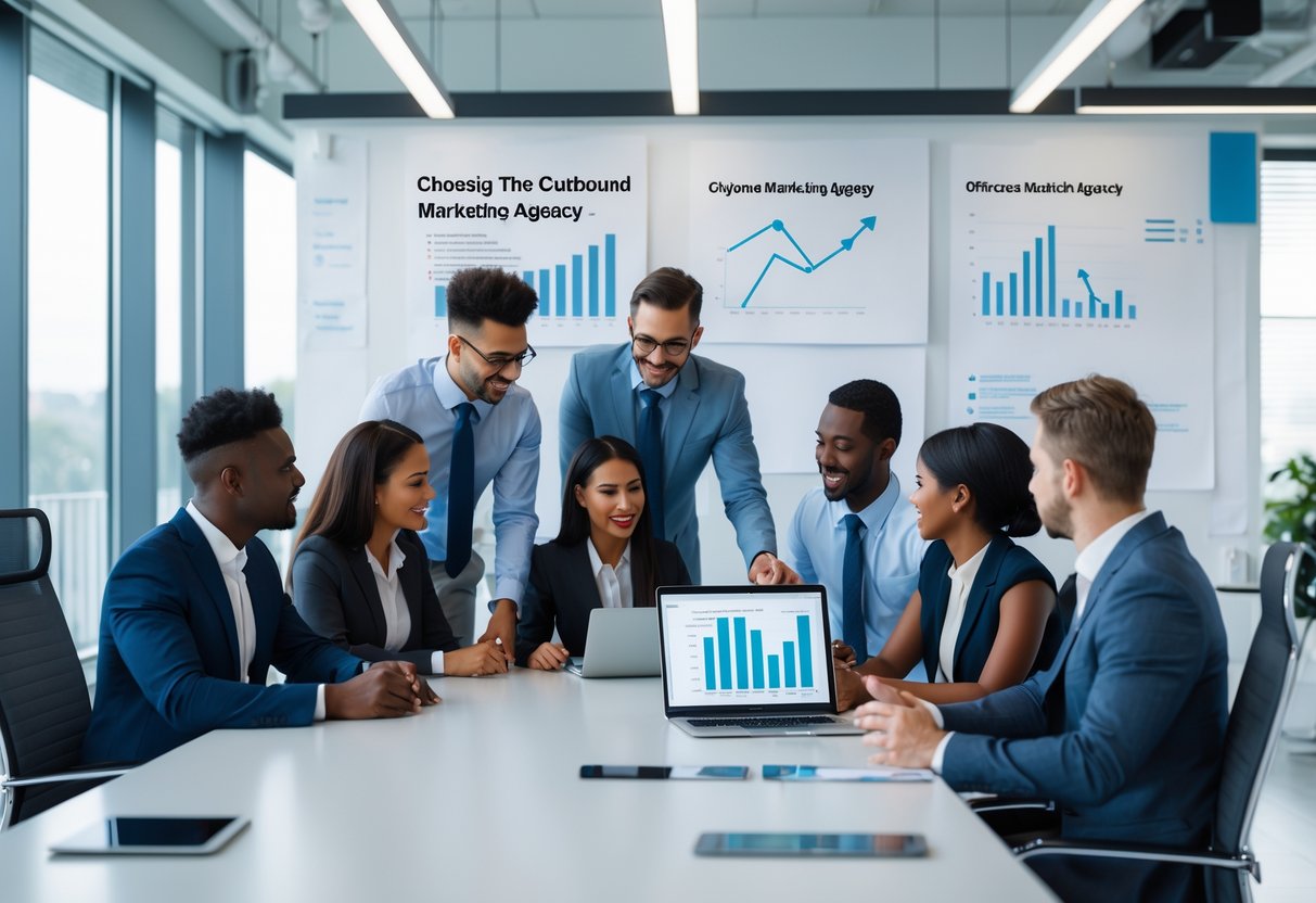 A group of business professionals discussing marketing strategies around a conference table in a modern office.