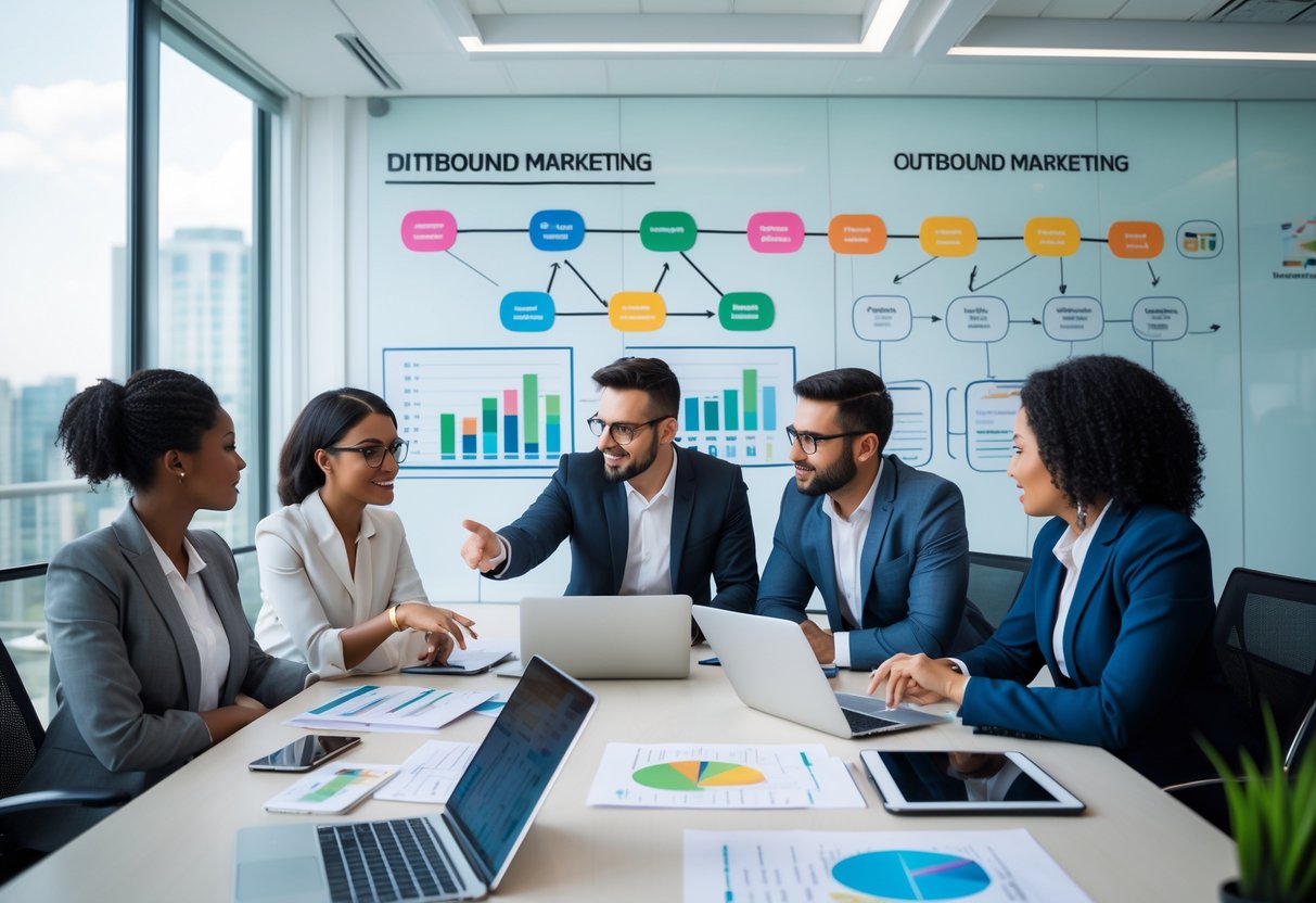 A diverse team of marketing professionals collaborating around a table with laptops and documents in a bright office conference room.