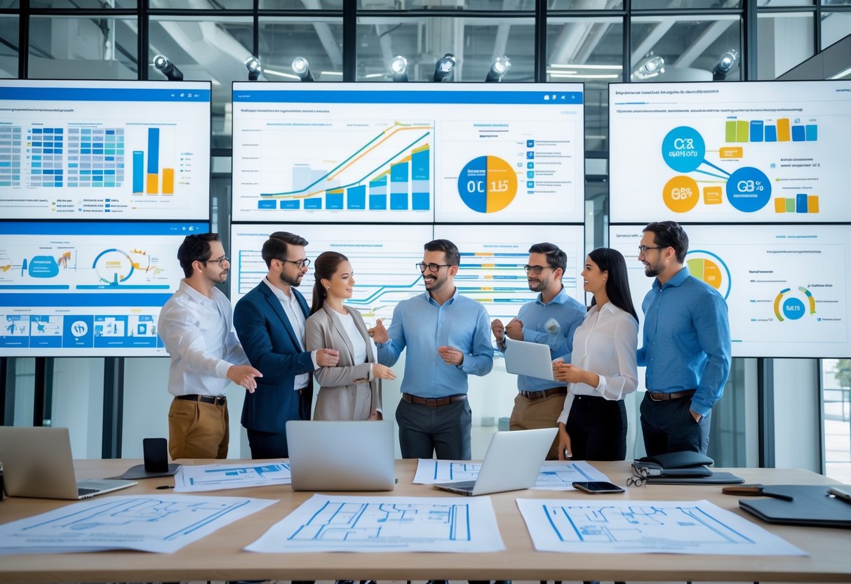 A group of engineers and business professionals collaborating around a table with blueprints and laptops in a modern office.