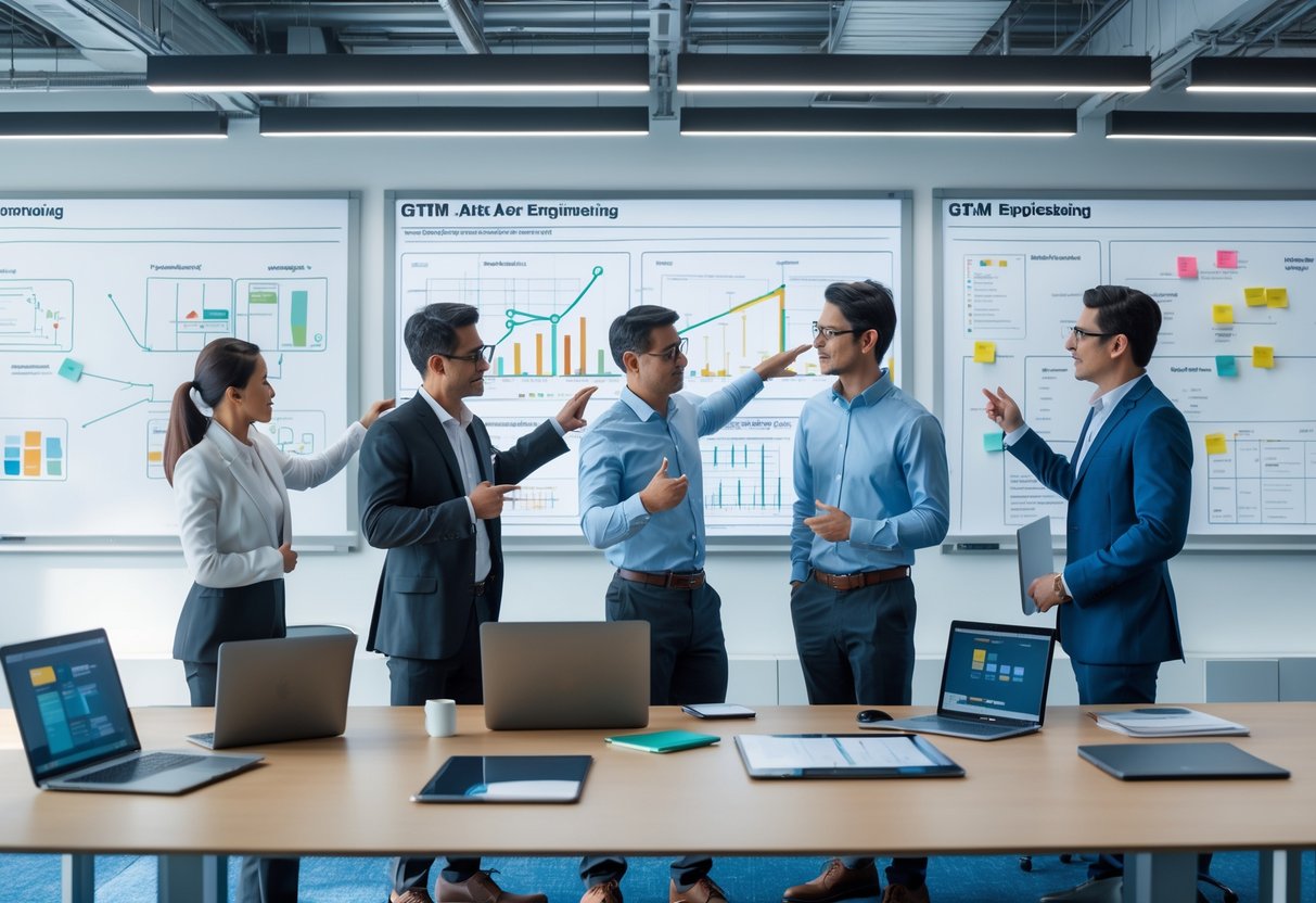 A group of professionals collaborating around a table with laptops and charts in a modern office setting.