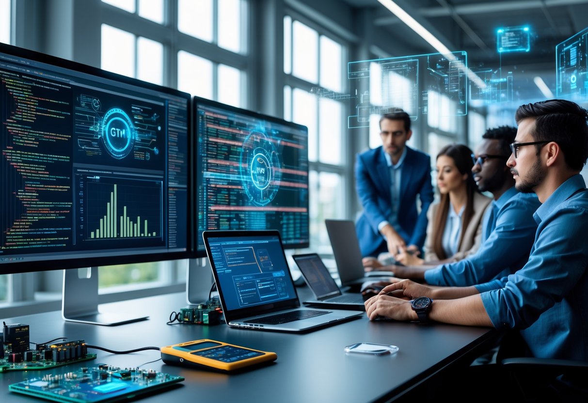 A modern workspace with multiple monitors showing code and data, hardware components on a desk, and professionals collaborating in the background.