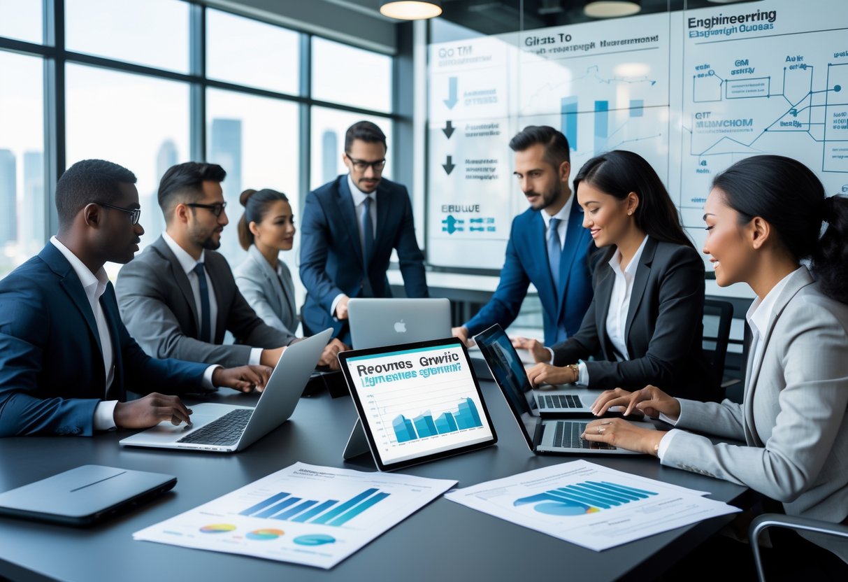 A group of professionals collaborating around a table with laptops and charts in a modern office focused on business growth and engineering.