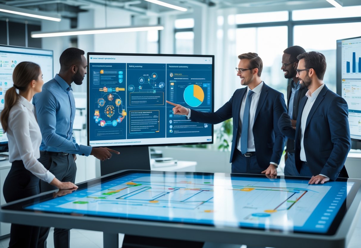 A group of business professionals collaborating around a digital touchscreen table showing data and customer journey maps in a modern office.