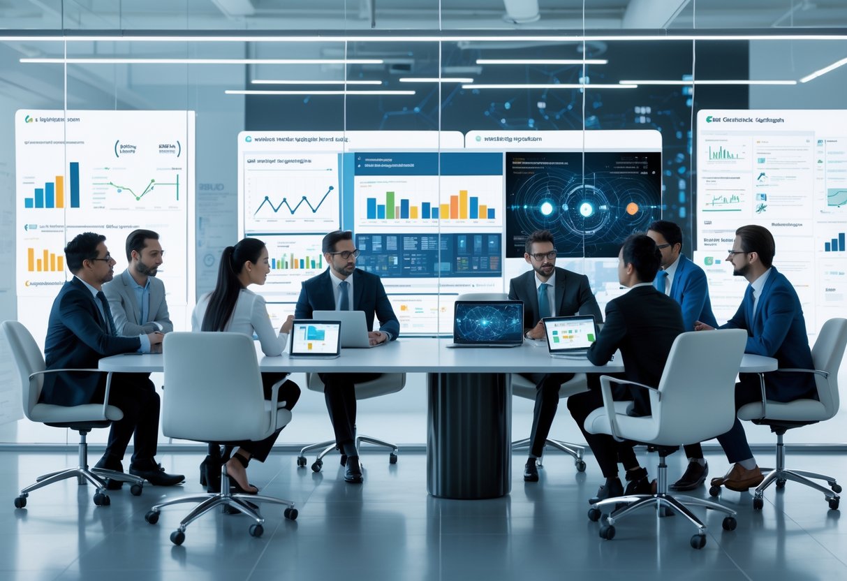 A group of professionals collaborating around a conference table with laptops and digital screens showing charts and data in a modern office setting.
