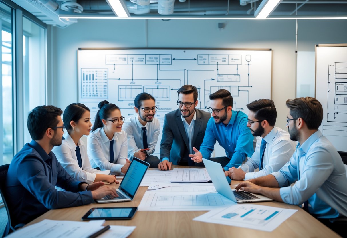 A group of engineers collaborating around a table with laptops and blueprints in a modern office.