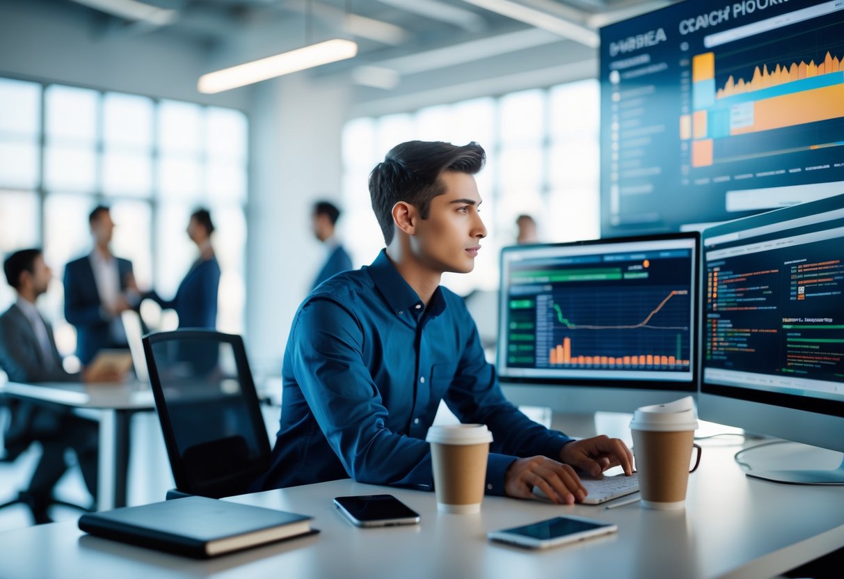 A focused engineer working at a desk with multiple monitors showing data and coding in a bright modern office.