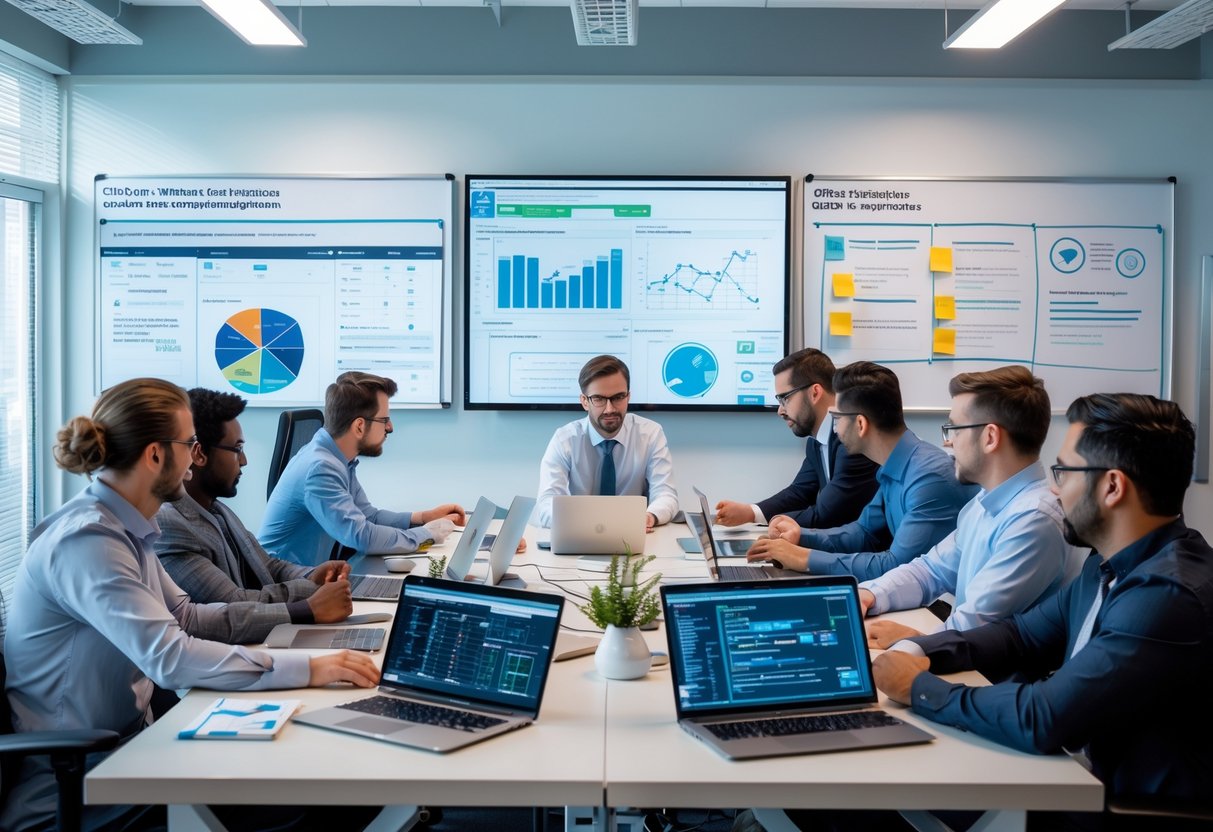 A group of engineers collaborating around a table with laptops and digital devices in a modern office, focusing on technical work and planning.