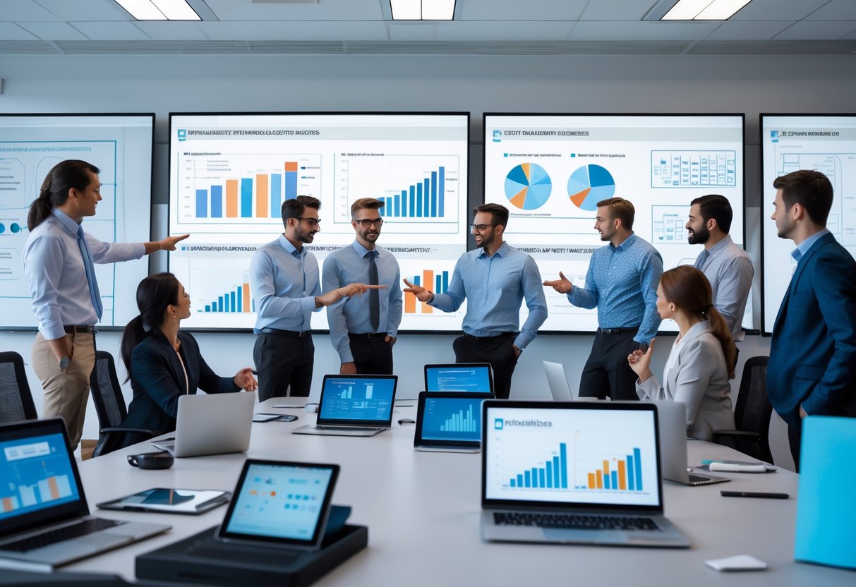 A group of engineers collaborating around a conference table with laptops and screens showing charts and diagrams in a modern office.
