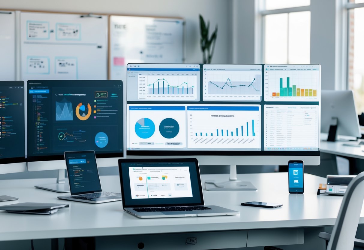 A modern office workspace with multiple monitors showing analytics and software interfaces, a laptop, smartphone, and tablet on a desk, surrounded by whiteboards with flowcharts and sticky notes.
