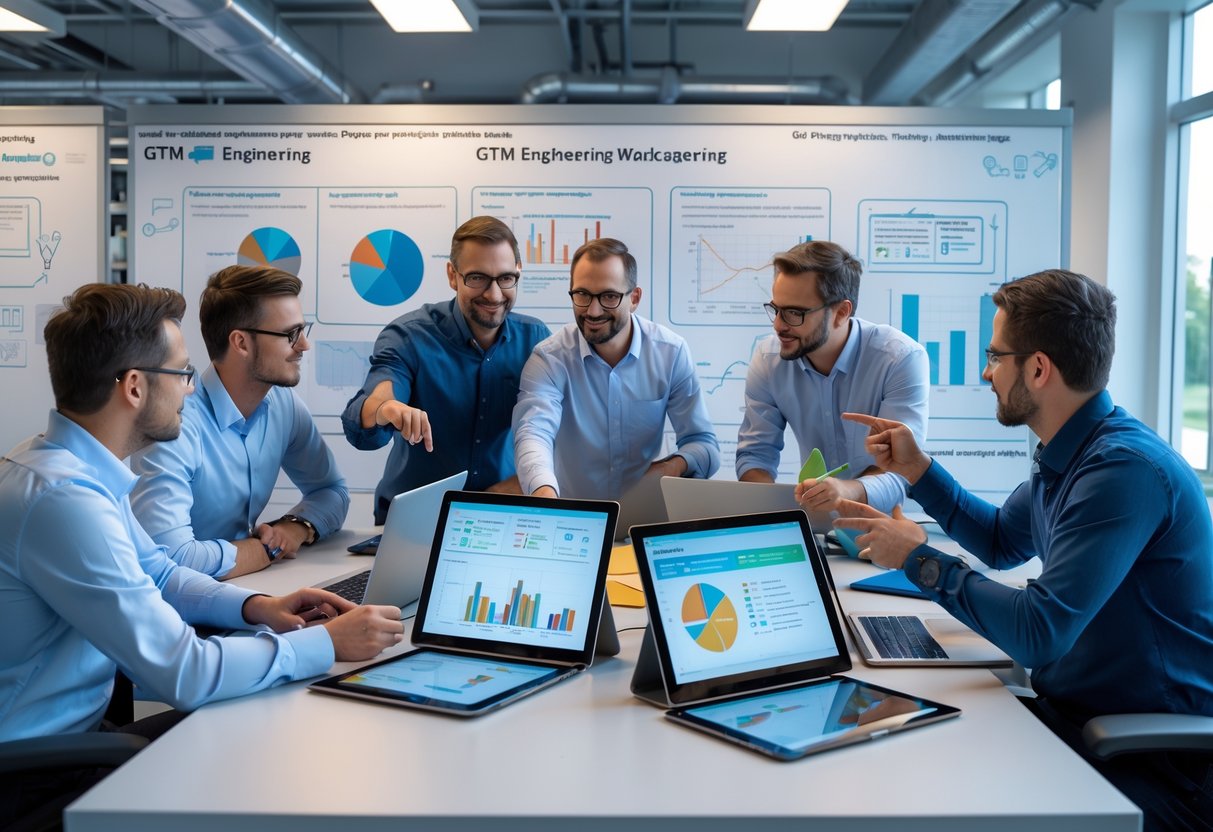 A group of engineers collaborating around a table with laptops and blueprints in a bright office, discussing strategies and working together.