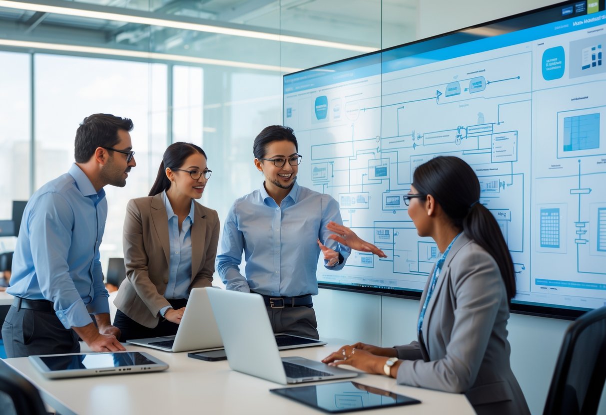 A group of engineers working together in a modern office, discussing technical diagrams on a large screen.