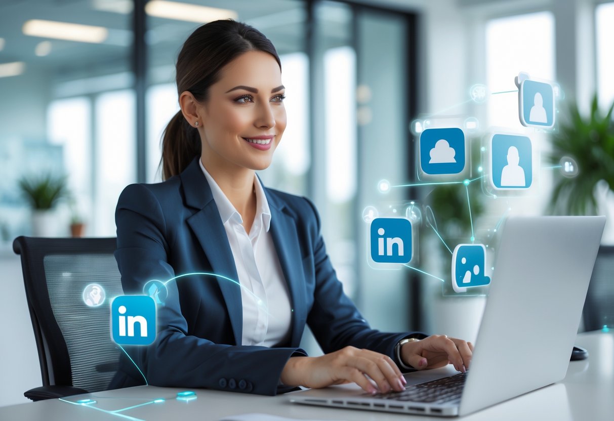 A businesswoman working at a laptop in a modern office, surrounded by digital connection icons.