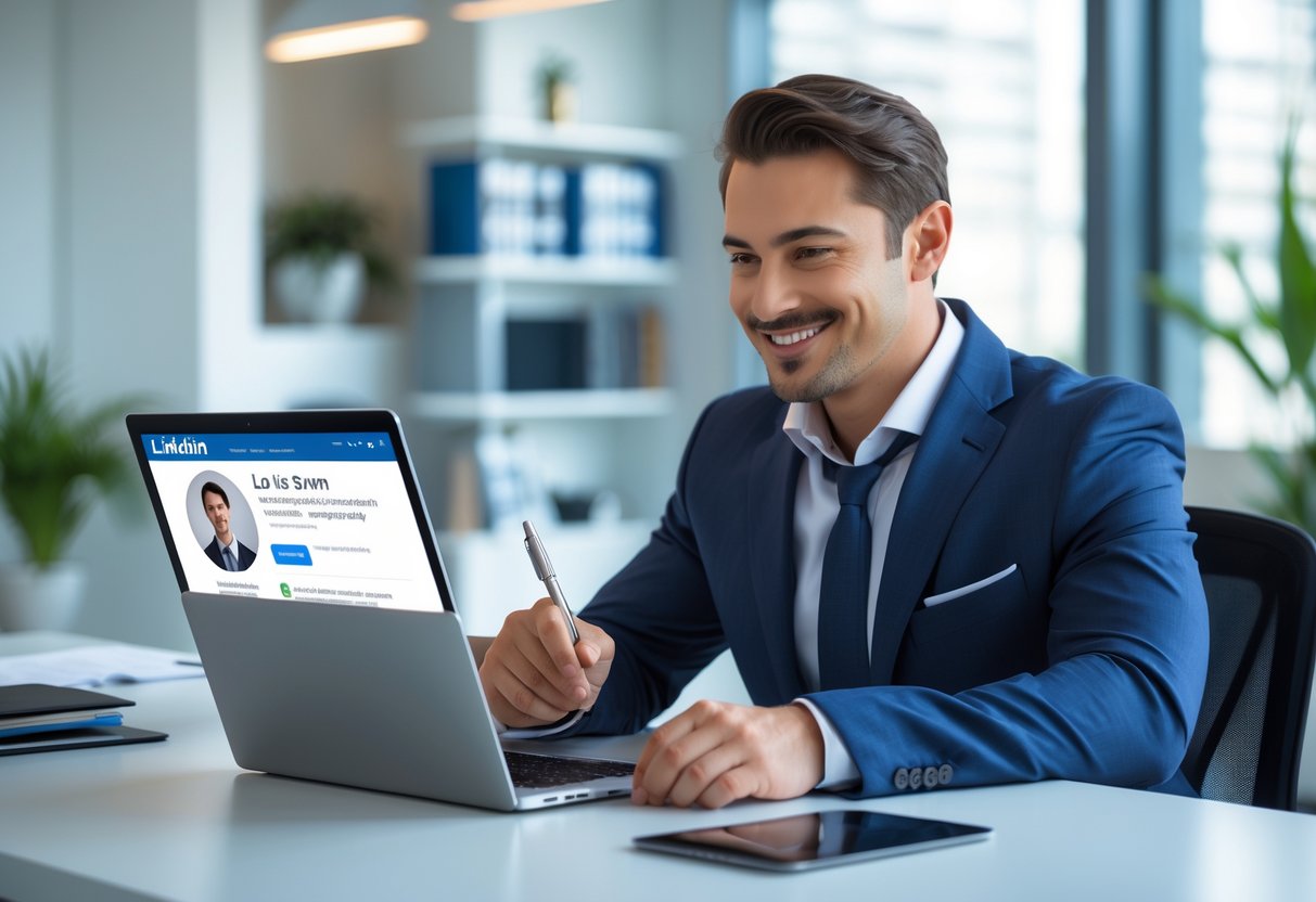 A professional consultant in business attire sitting at a desk, pointing at a laptop screen in a bright office.