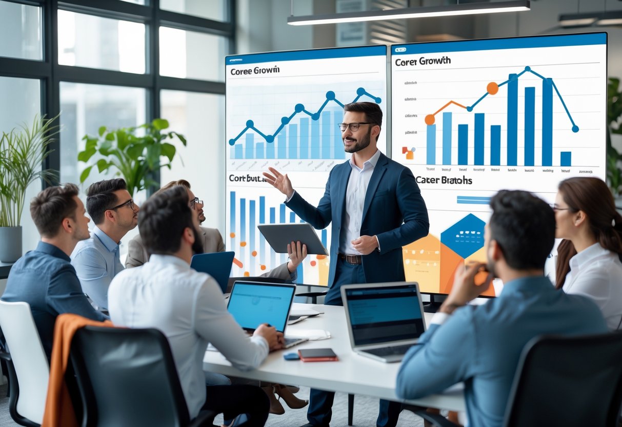 A LinkedIn consultant coaching a group of young professionals in a modern office with a digital screen showing career growth visuals.