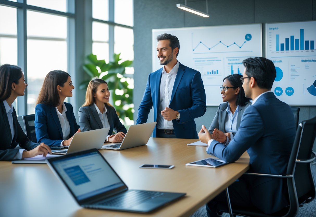 A LinkedIn consultant discussing strategies with a group of professionals around a conference table in a modern office.