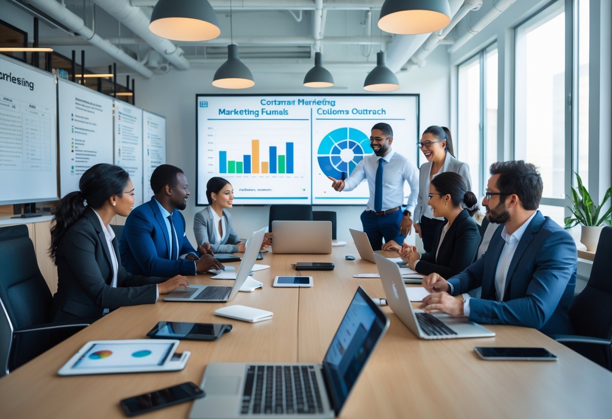 A group of business professionals collaborating around a conference table with laptops and charts in a bright office.