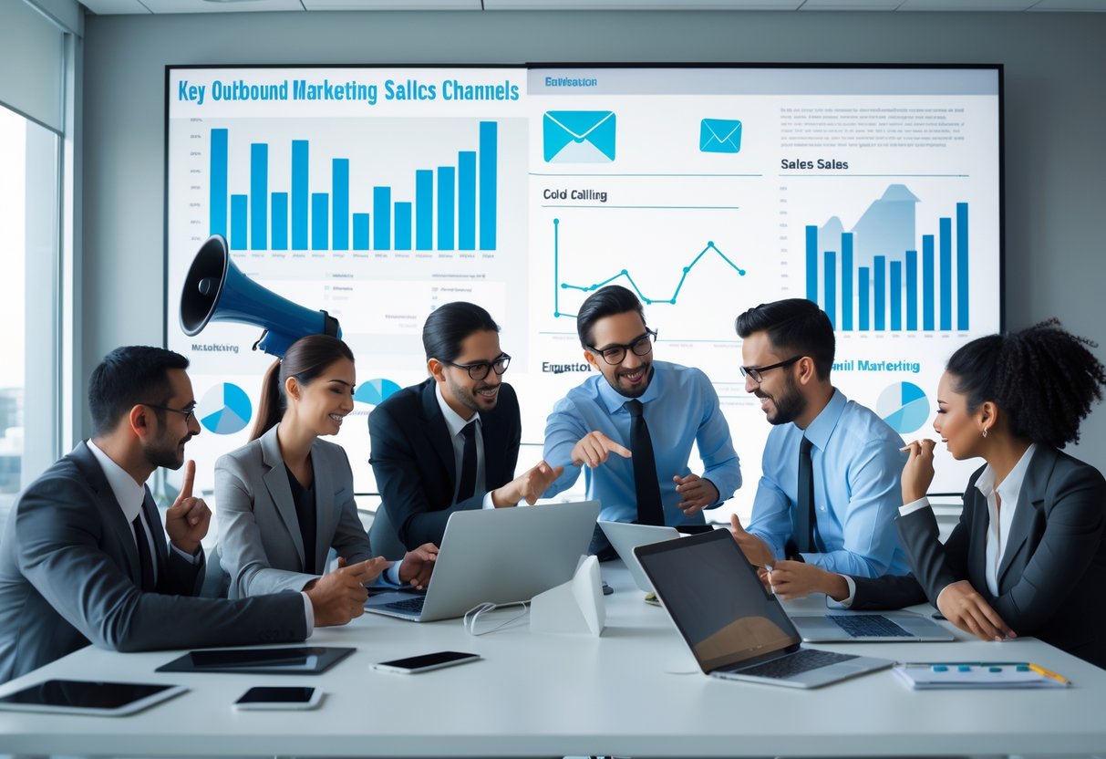 A group of business professionals collaborating around a table with laptops and devices, discussing marketing strategies with visual icons representing advertising, cold calling, and email marketing in a modern office.