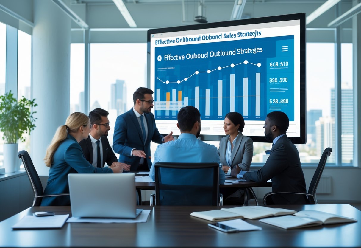 A team of business professionals collaborating around a conference table with a digital screen showing sales charts in a bright office.