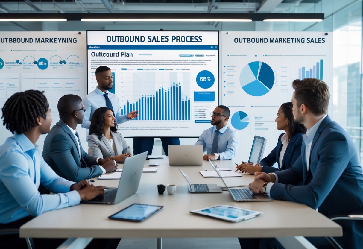 A group of business professionals collaborating in an office meeting room with laptops and charts, discussing sales strategies.