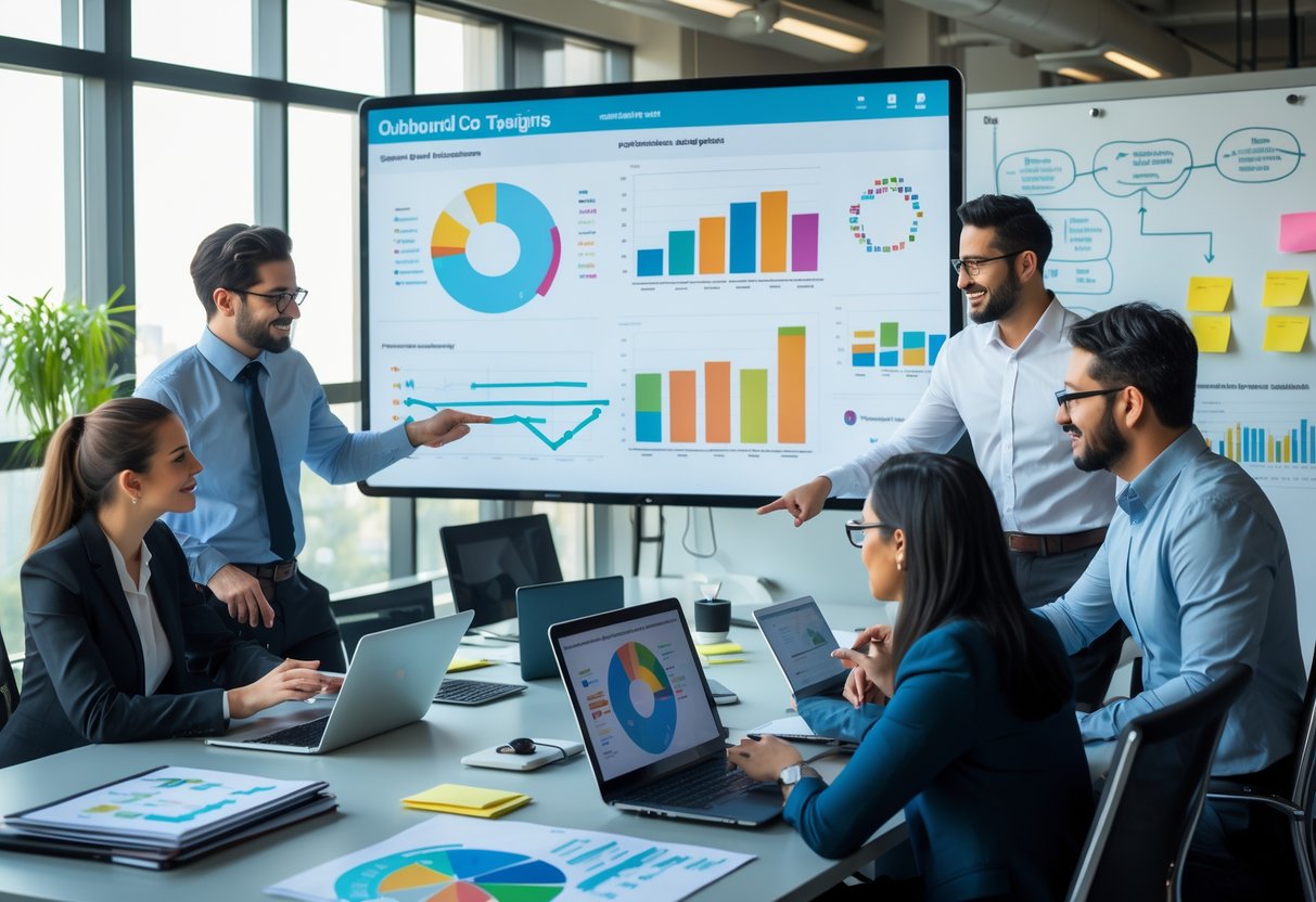 A group of professionals collaborating around a table with laptops and charts, analyzing campaign performance data on a large screen in a bright office.