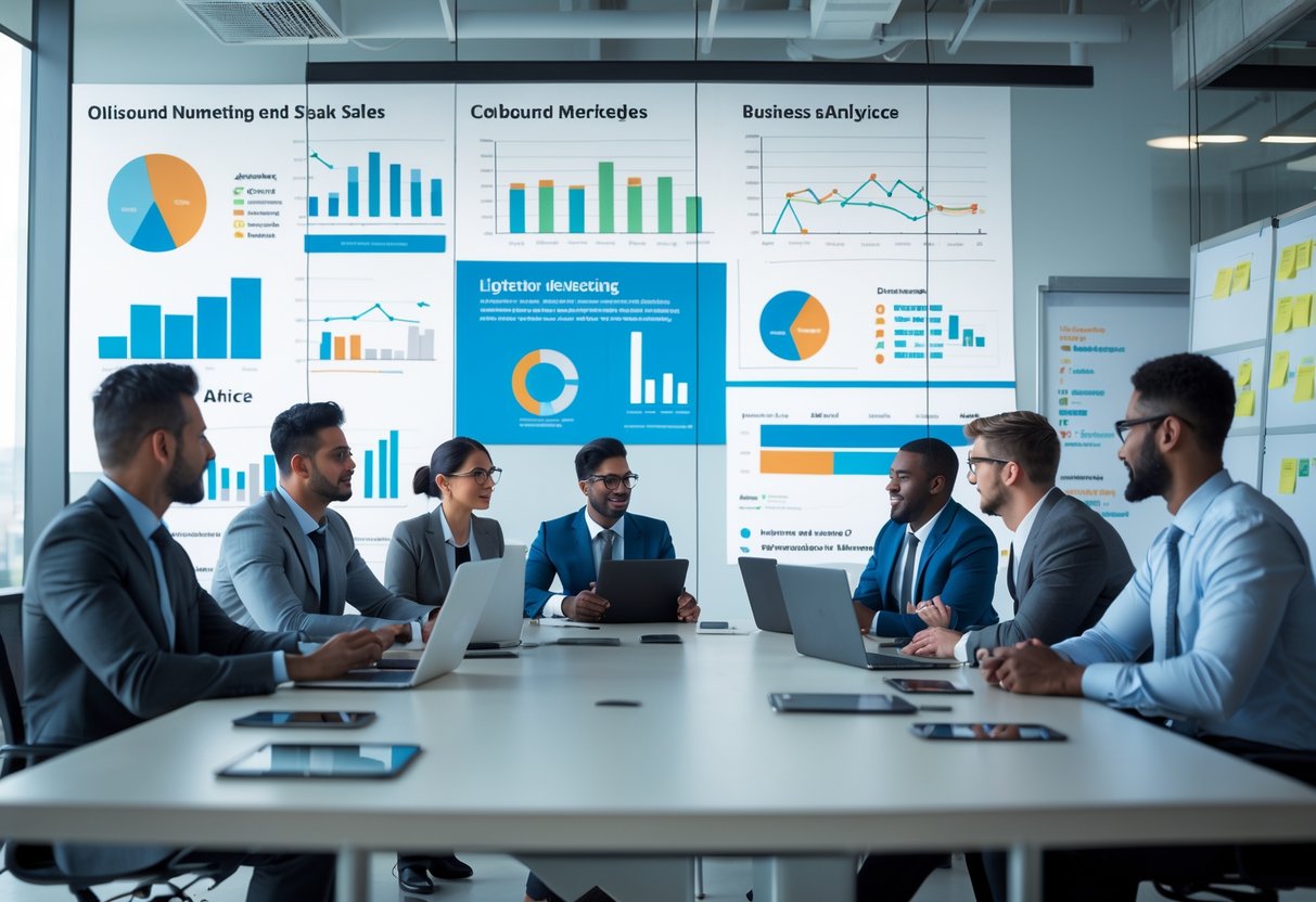 A group of business professionals collaborating around a conference table with digital devices and charts displayed on screens, discussing marketing and sales strategies.