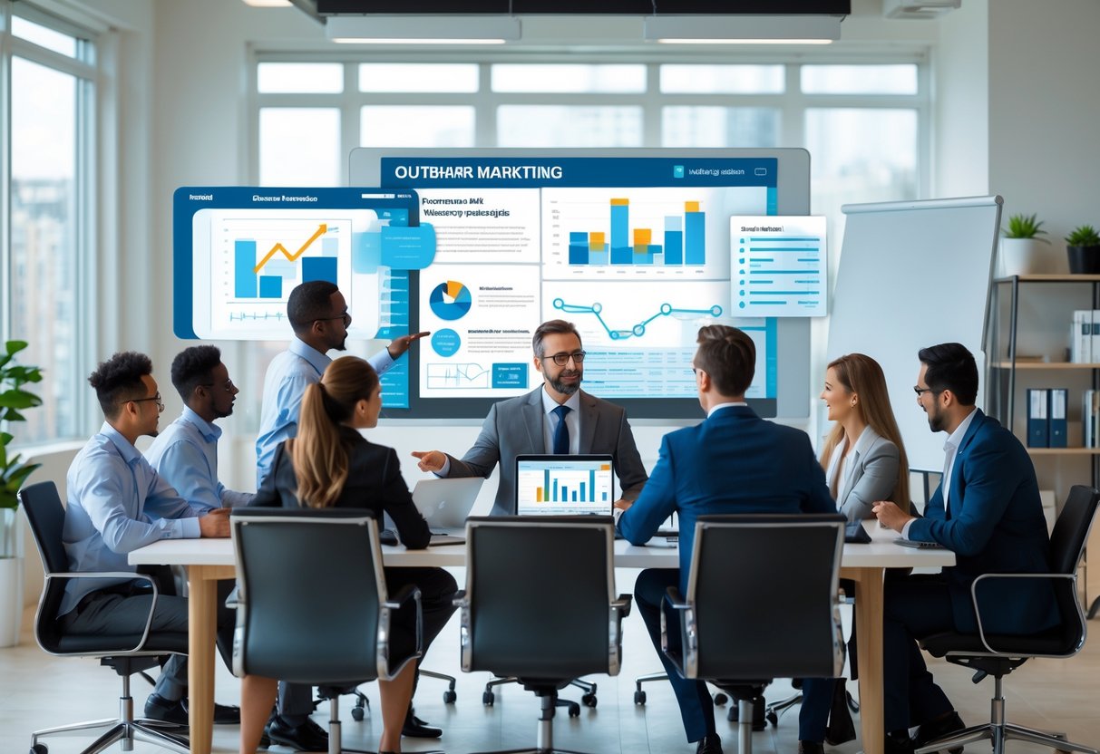Business professionals collaborating around a conference table with digital devices and a large screen displaying marketing strategy in a modern office.