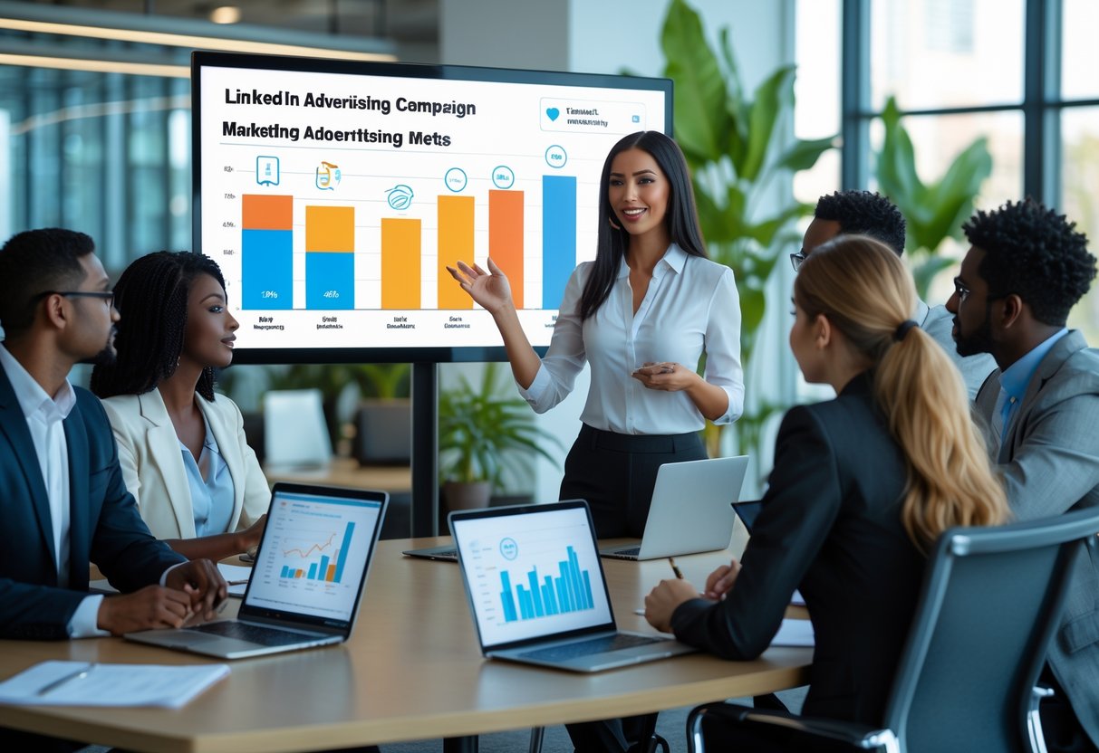 Business professionals collaborating in a modern office meeting room with charts and graphs displayed on a large screen.