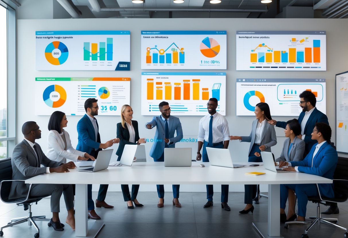 A group of business professionals collaborating around a table with laptops and screens showing colorful charts and icons related to advertising objectives in a modern office.