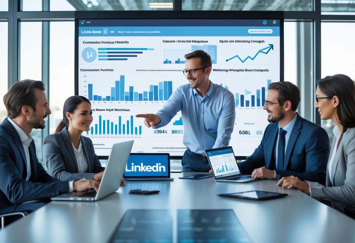 A group of business professionals collaborating around a table with digital devices displaying marketing data in a modern office.