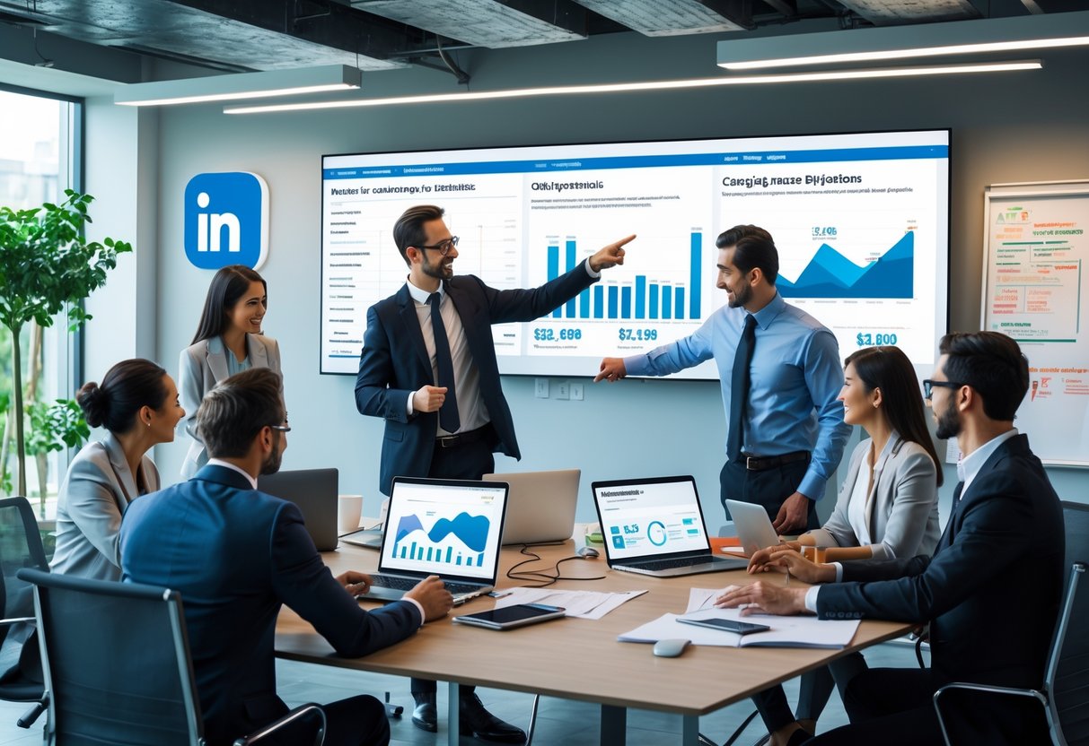 A group of professionals collaborating in an office, reviewing digital marketing data and campaign performance on screens and devices.