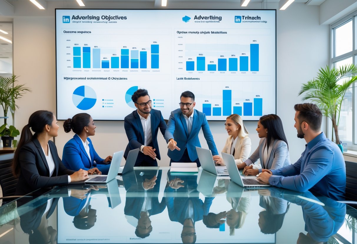 A diverse team of marketing professionals collaborating around a table with laptops and charts, reviewing campaign metrics on a large screen in a modern office.