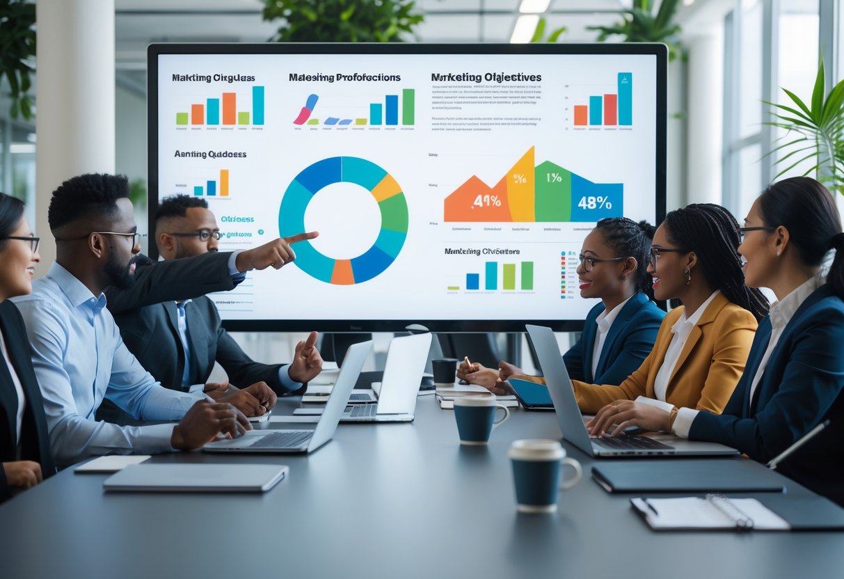 A group of business professionals collaborating in a modern office around a table with a large screen showing marketing charts.