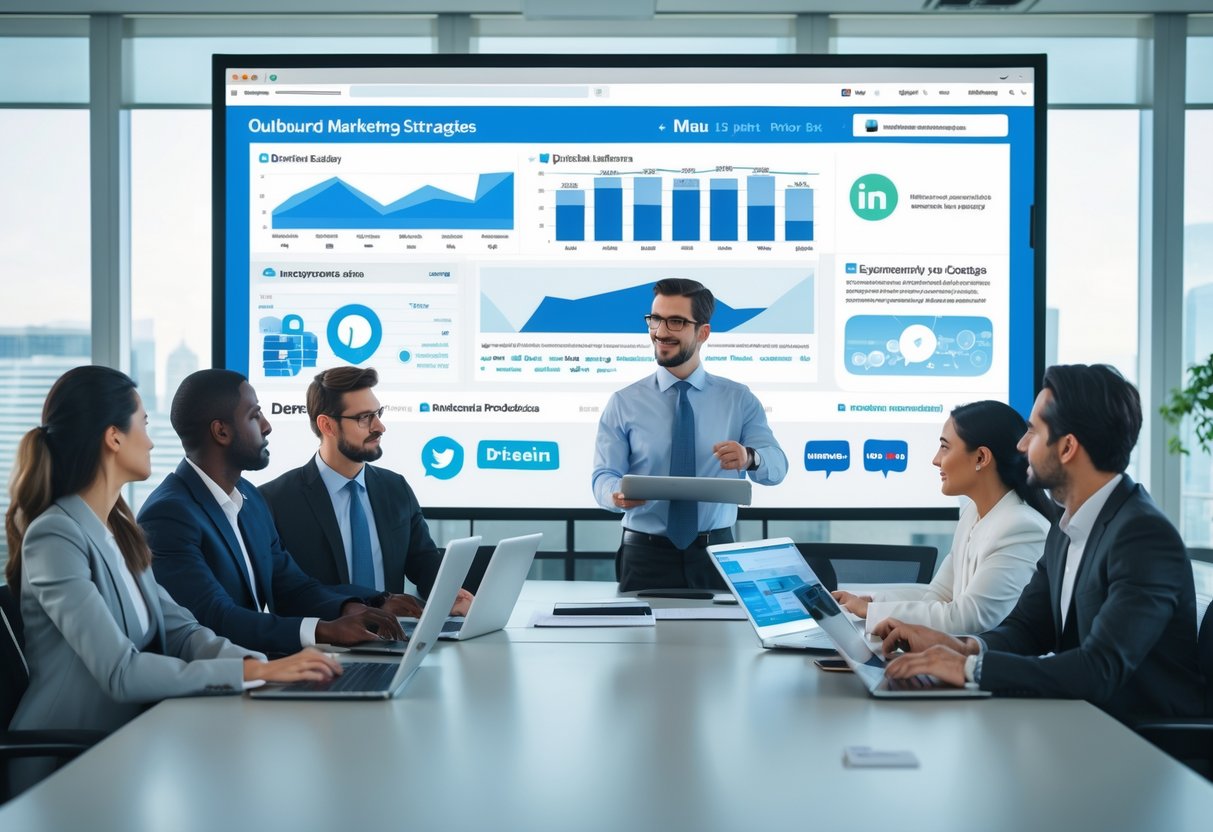 A group of business professionals collaborating in a modern office around a table with a digital screen showing marketing data and LinkedIn-related visuals.