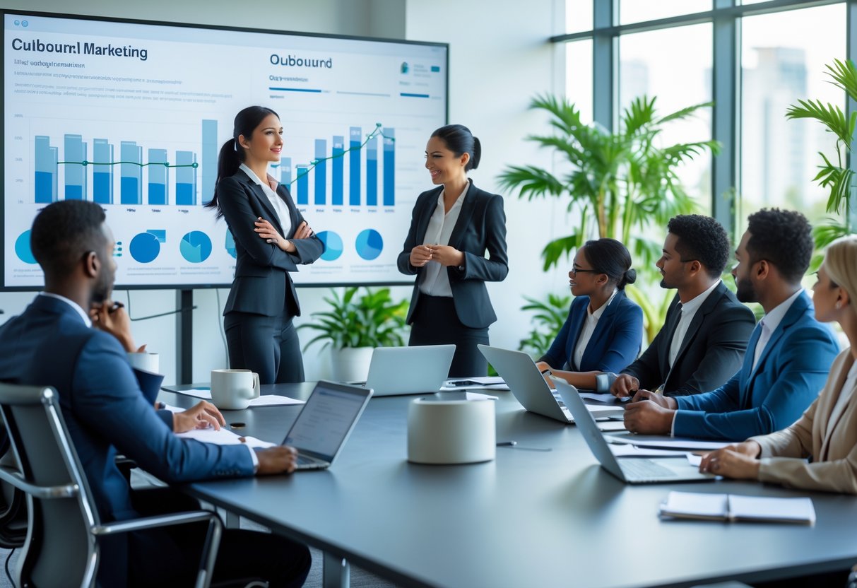 A group of business professionals in a modern office having a meeting around a conference table with a woman presenting marketing charts on a digital screen.