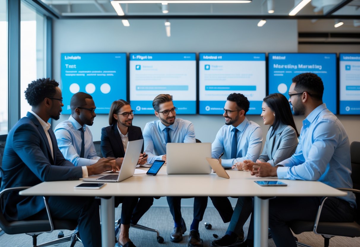 A group of business professionals collaborating around a conference table with laptops and digital devices in a modern office.