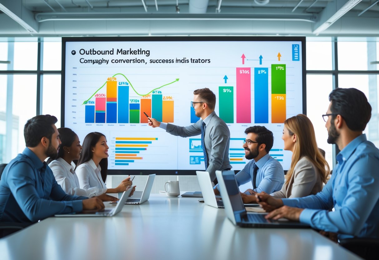 A diverse team of business professionals in a meeting room analyzing charts and graphs on a large digital screen.