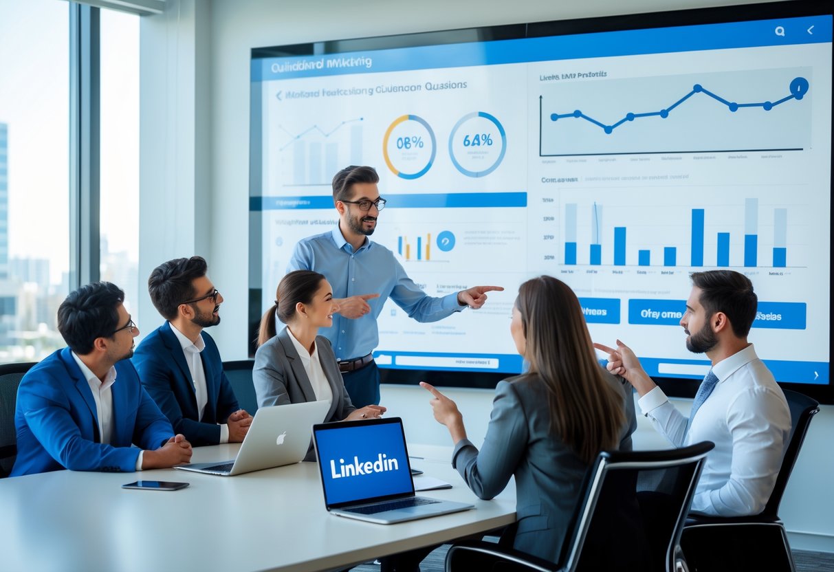 Business professionals collaborating around a conference table with a digital screen showing marketing charts and LinkedIn icons in a bright office.