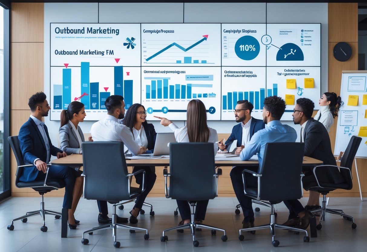 A group of business professionals collaborating around a conference table with charts and digital screens showing marketing data in an office.