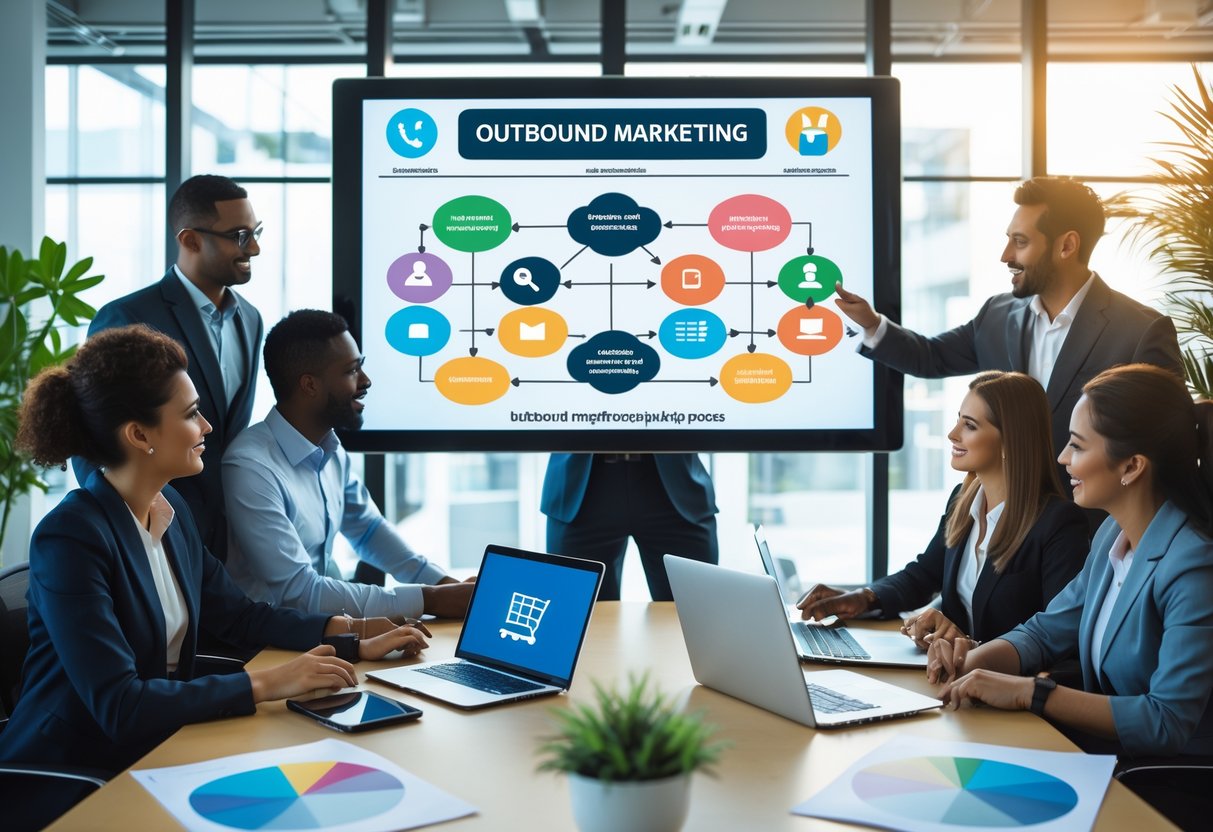 Business professionals collaborating around a table with laptops and charts, discussing a marketing strategy displayed on a large screen in a modern office.